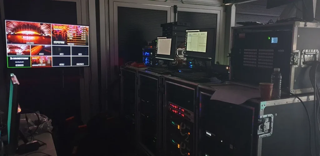 Media-server racks, fiber connections and LED stage at MDL Soundstorm 2021 — view 2